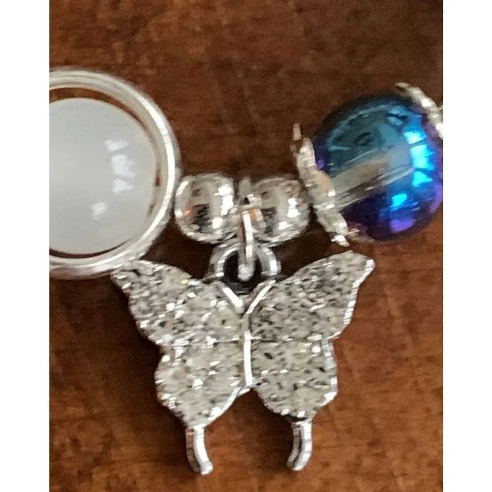 Milky White & Purple Beaded Bracelet with Butterfly Charm